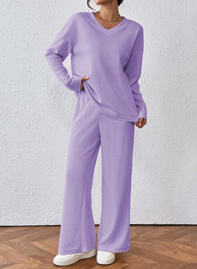 تايك تو طقم بلوزة بملمس بارز وبنطال ليلكي للنساء